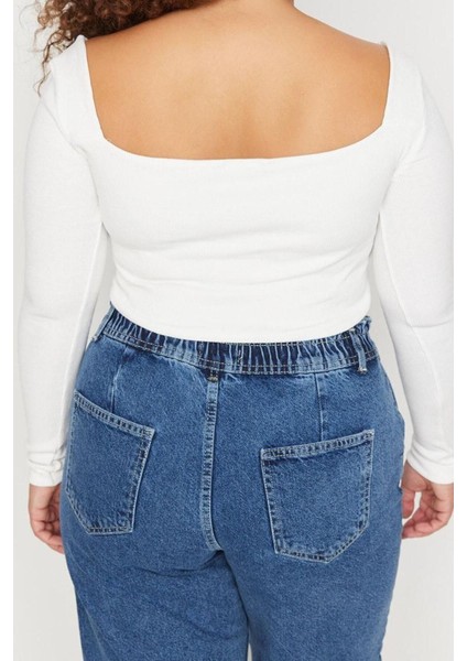 Moda Büyük Beden Kare Yaka Örme Fit Düz Desen Casual Günlük Crop Uzun Kol Bluz indirimleri