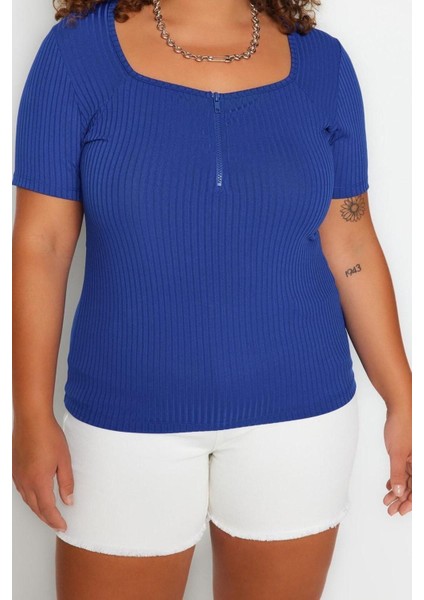 Moda Büyük Beden Kare Yaka Örme Fit Düz Desen Casual Günlük Crop Kısa Kol Bluz