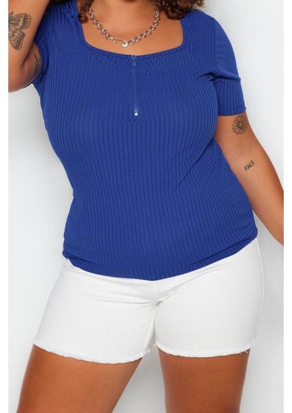 Moda Büyük Beden Kare Yaka Örme Fit Düz Desen Casual Günlük Crop Kısa Kol Bluz modelleri
