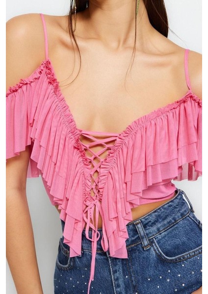 Moda V Yaka Örme Regular Düz Desen Şık Gece Crop Kısa Kol Bluz modelleri