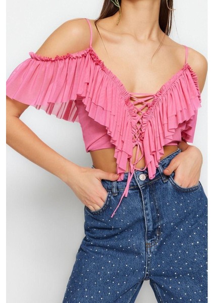 Moda V Yaka Örme Regular Düz Desen Şık Gece Crop Kısa Kol Bluz fırsatları