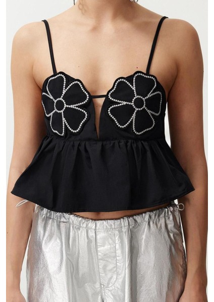 Moda Kalp Yaka Dokuma Crop Düz Desen Şık Gece Crop Askılı Kol Bluz