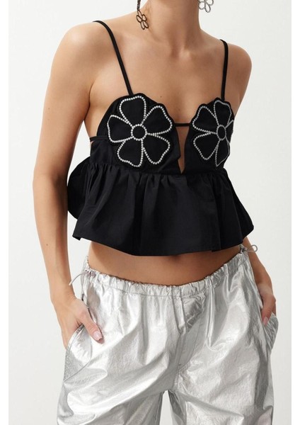 Moda Kalp Yaka Dokuma Crop Düz Desen Şık Gece Crop Askılı Kol Bluz