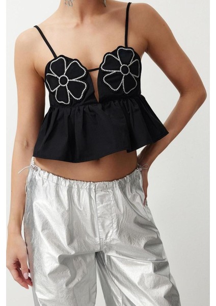 Moda Kalp Yaka Dokuma Crop Düz Desen Şık Gece Crop Askılı Kol Bluz