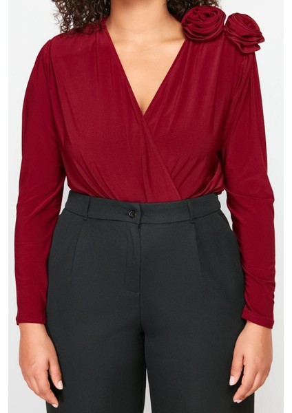 Moda Büyük Beden Kruvaze Örme Fit Düz Desen Casual Günlük Regular Uzun Kol Bluz