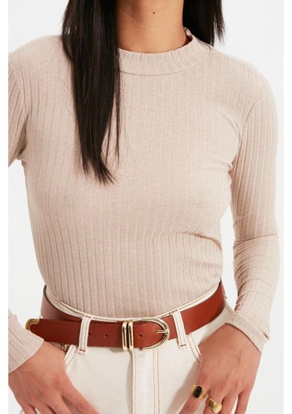 Moda Dik Yaka Örme Slim Düz Desen Casual Günlük Regular Uzun Kol Bluz
