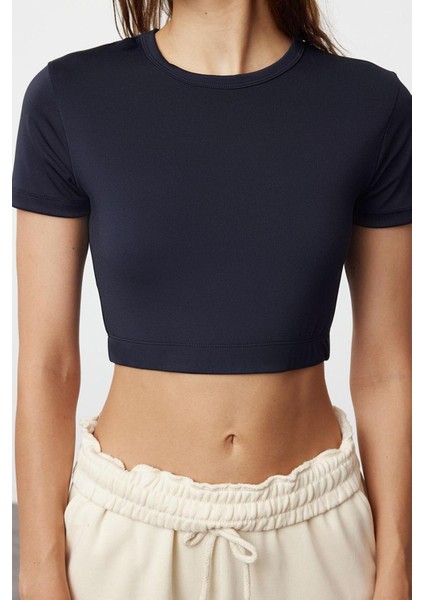 Moda Bisiklet Yaka Örme Fit Düz Desen Sportswear Super Crop Kısa Kol Bluz