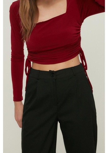 Moda Kare Yaka Örme Slim Düz Desen Casual Günlük Crop Uzun Kol Bluz fiyatları