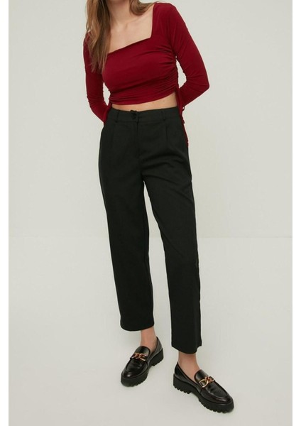 Moda Kare Yaka Örme Slim Düz Desen Casual Günlük Crop Uzun Kol Bluz modelleri