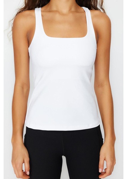 Moda Kare Yaka Örme Fit Düz Desen Sportswear Regular Askılı Kol Bluz