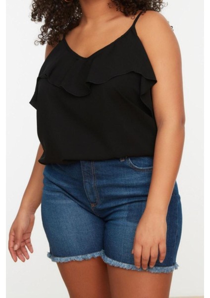 Moda Büyük Beden V Yaka Dokuma Regular Düz Desen Casual Günlük Regular Askılı Kol Bluz