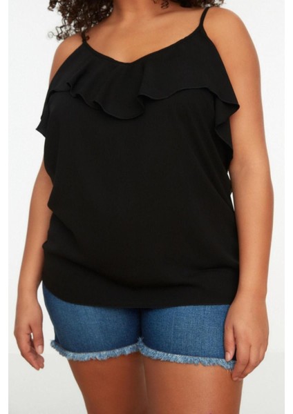 Moda Büyük Beden V Yaka Dokuma Regular Düz Desen Casual Günlük Regular Askılı Kol Bluz