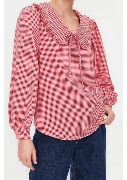 Moda Bebe Yaka Dokuma Regular Ekose / Kareli Desen Casual Günlük Regular Uzun Kol Bluz