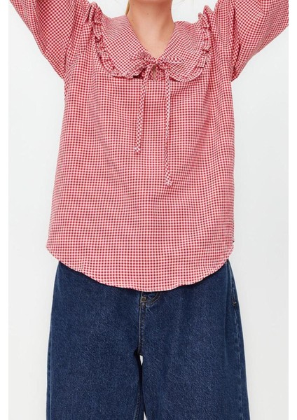 Moda Bebe Yaka Dokuma Regular Ekose / Kareli Desen Casual Günlük Regular Uzun Kol Bluz modelleri
