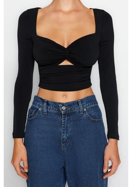 Moda Kalp Yaka Örme Fit Düz Desen Şık Gece Crop Uzun Kol Bluz