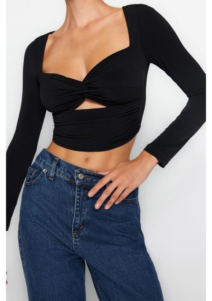 Moda Kalp Yaka Örme Fit Düz Desen Şık Gece Crop Uzun Kol Bluz fiyatları