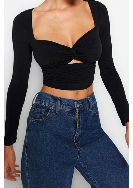 Moda Kalp Yaka Örme Fit Düz Desen Şık Gece Crop Uzun Kol Bluz modelleri