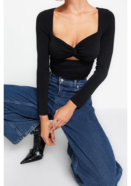 Moda Kalp Yaka Örme Fit Düz Desen Şık Gece Crop Uzun Kol Bluz fırsatları