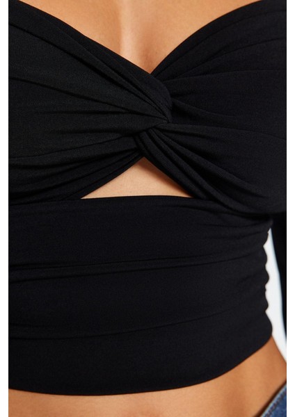 Moda Kalp Yaka Örme Fit Düz Desen Şık Gece Crop Uzun Kol Bluz indirimleri