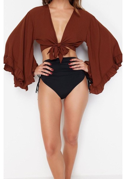 Moda V Yaka Dokuma Fit Düz Desen Plaj Crop Truvakar Kol Kol Bluz