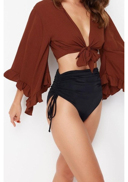 Moda V Yaka Dokuma Fit Düz Desen Plaj Crop Truvakar Kol Kol Bluz fiyatları
