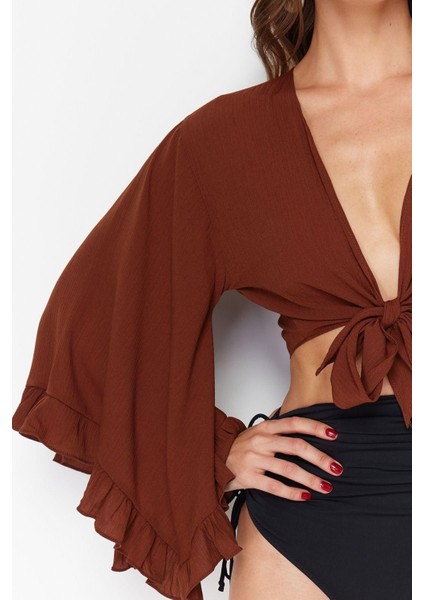 Moda V Yaka Dokuma Fit Düz Desen Plaj Crop Truvakar Kol Kol Bluz indirimleri