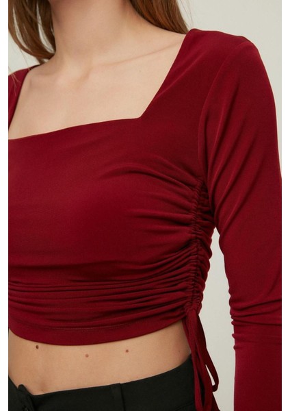Moda Kare Yaka Örme Slim Düz Desen Casual Günlük Crop Uzun Kol Bluz fırsatları