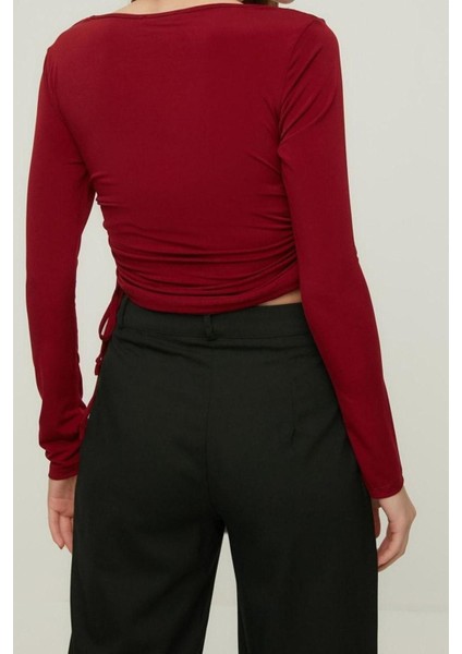 Moda Kare Yaka Örme Slim Düz Desen Casual Günlük Crop Uzun Kol Bluz indirimleri