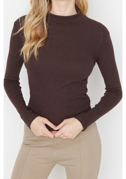 Moda Dik Yaka Örme Slim Düz Desen Casual Günlük Regular Uzun Kol Bluz
