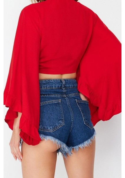 Moda V Yaka Dokuma Fit Düz Desen Plaj Crop Truvakar Kol Kol Bluz indirimleri