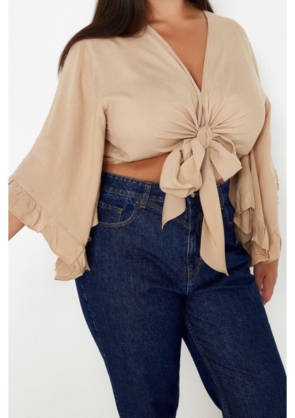 Moda Büyük Beden V Yaka Dokuma Fit Düz Desen Plaj Crop Truvakar Kol Kol Bluz