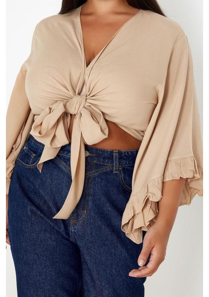 Moda Büyük Beden V Yaka Dokuma Fit Düz Desen Plaj Crop Truvakar Kol Kol Bluz fiyatları