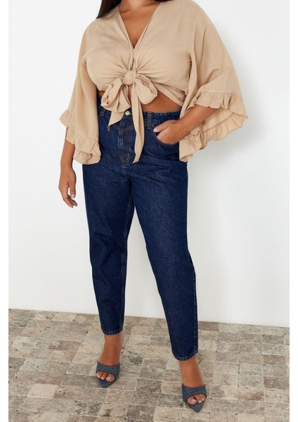 Moda Büyük Beden V Yaka Dokuma Fit Düz Desen Plaj Crop Truvakar Kol Kol Bluz modelleri