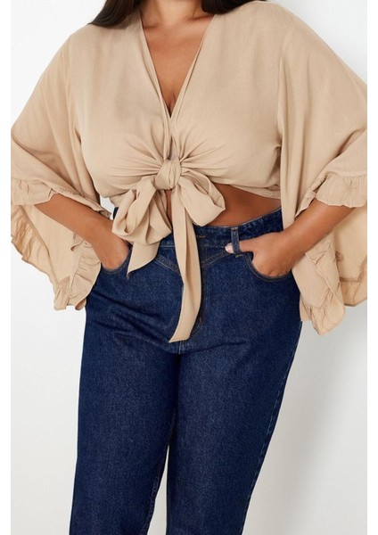 Moda Büyük Beden V Yaka Dokuma Fit Düz Desen Plaj Crop Truvakar Kol Kol Bluz fırsatları