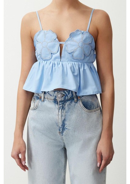 Moda Kalp Yaka Dokuma Crop Düz Desen Şık Gece Crop Askılı Kol Bluz