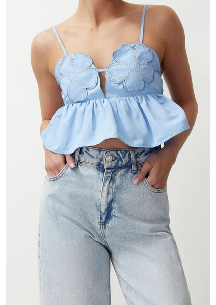 Moda Kalp Yaka Dokuma Crop Düz Desen Şık Gece Crop Askılı Kol Bluz