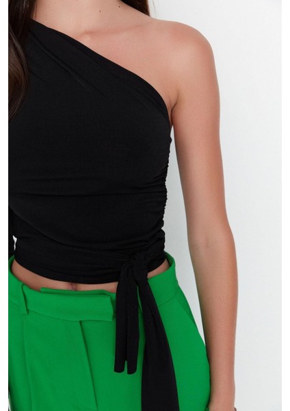 Moda Asimetrik Yaka Örme Slim Düz Desen Casual Günlük Crop Uzun Kol Bluz modelleri