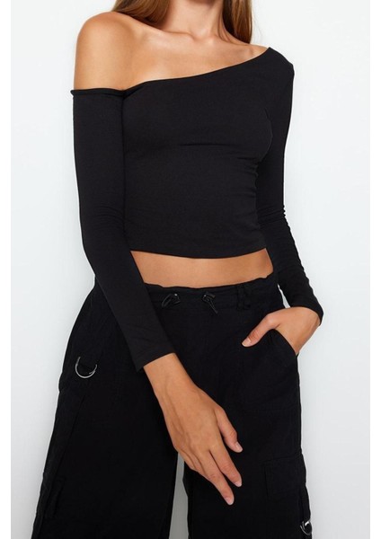 Moda Asimetrik Yaka Örme Slim Düz Desen Casual Günlük Crop Uzun Kol Bluz