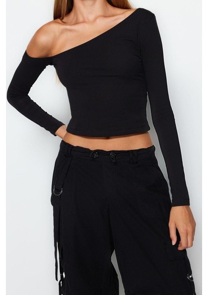 Moda Asimetrik Yaka Örme Slim Düz Desen Casual Günlük Crop Uzun Kol Bluz fiyatları