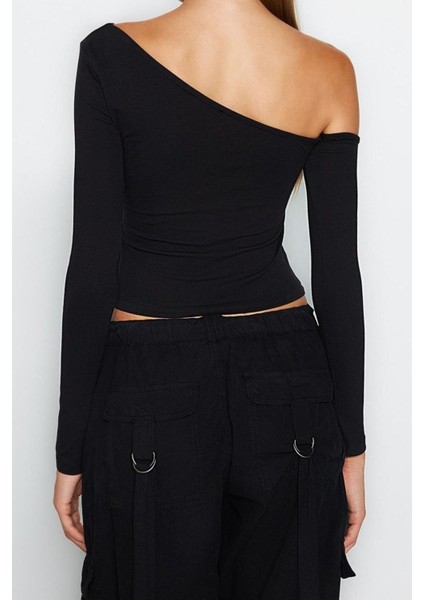 Moda Asimetrik Yaka Örme Slim Düz Desen Casual Günlük Crop Uzun Kol Bluz indirimleri