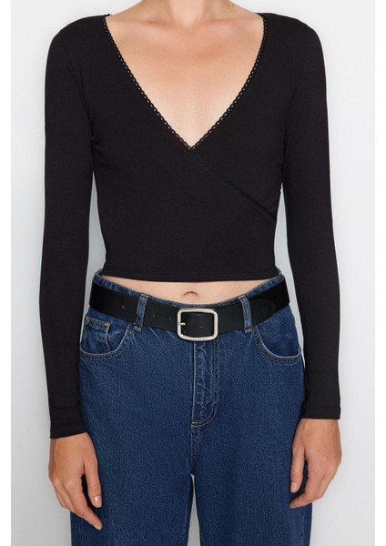 Moda Kruvaze Örme Slim Düz Desen Casual Günlük Crop Uzun Kol Bluz