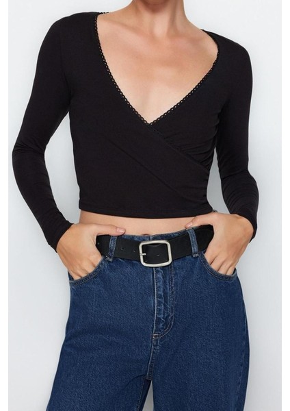 Moda Kruvaze Örme Slim Düz Desen Casual Günlük Crop Uzun Kol Bluz fiyatları