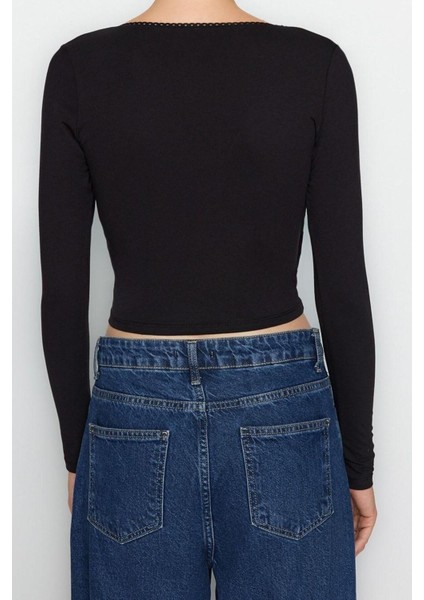 Moda Kruvaze Örme Slim Düz Desen Casual Günlük Crop Uzun Kol Bluz indirimleri