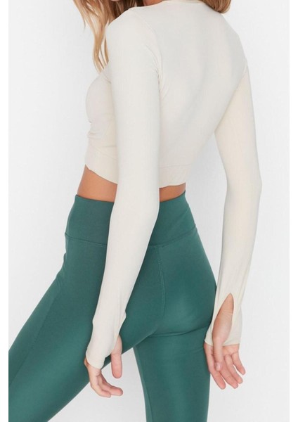 Moda Bisiklet Yaka Örme Fit Düz Desen Sportswear Crop Uzun Kol Bluz indirimleri