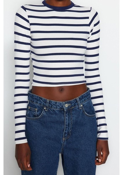 Moda Bisiklet Yaka Örme Slim Çizgili Desen Casual Günlük Crop Uzun Kol Bluz