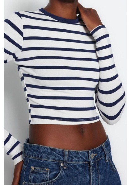Moda Bisiklet Yaka Örme Slim Çizgili Desen Casual Günlük Crop Uzun Kol Bluz fiyatları