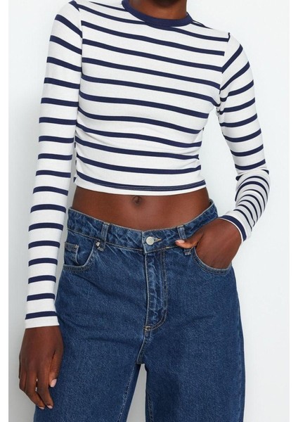 Moda Bisiklet Yaka Örme Slim Çizgili Desen Casual Günlük Crop Uzun Kol Bluz modelleri