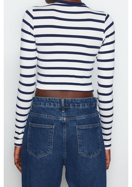 Moda Bisiklet Yaka Örme Slim Çizgili Desen Casual Günlük Crop Uzun Kol Bluz indirimleri