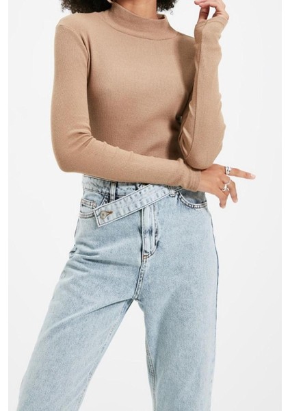 Moda Dik Yaka Örme Slim Düz Desen Casual Günlük Regular Uzun Kol Bluz