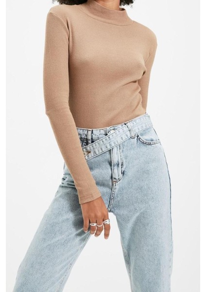 Moda Dik Yaka Örme Slim Düz Desen Casual Günlük Regular Uzun Kol Bluz modelleri